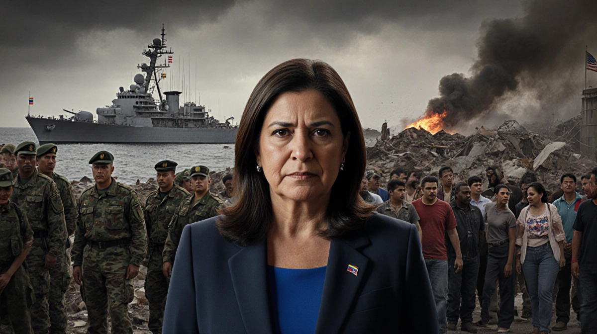 Delcy Rodríguez stands with military and civilians in foreground and a U.S. warship on the horizon