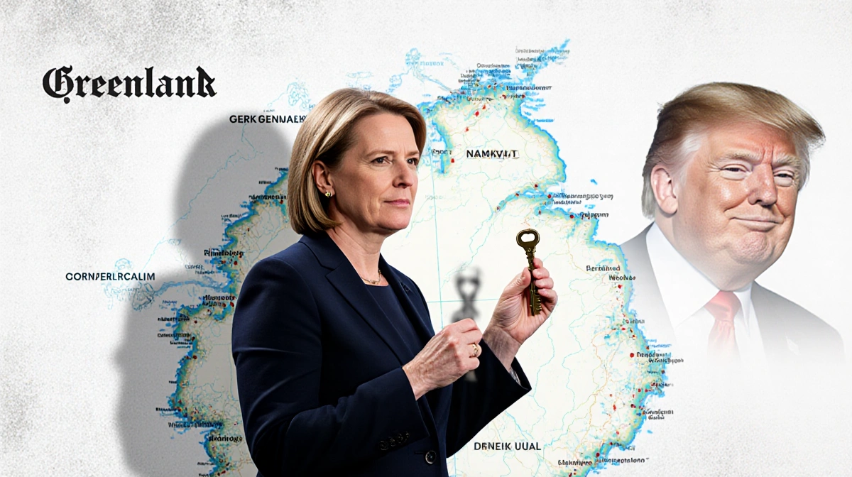 Danish Prime Minister Mette Frederiksen standing confidently with a small key beside a detailed map of Greenland.