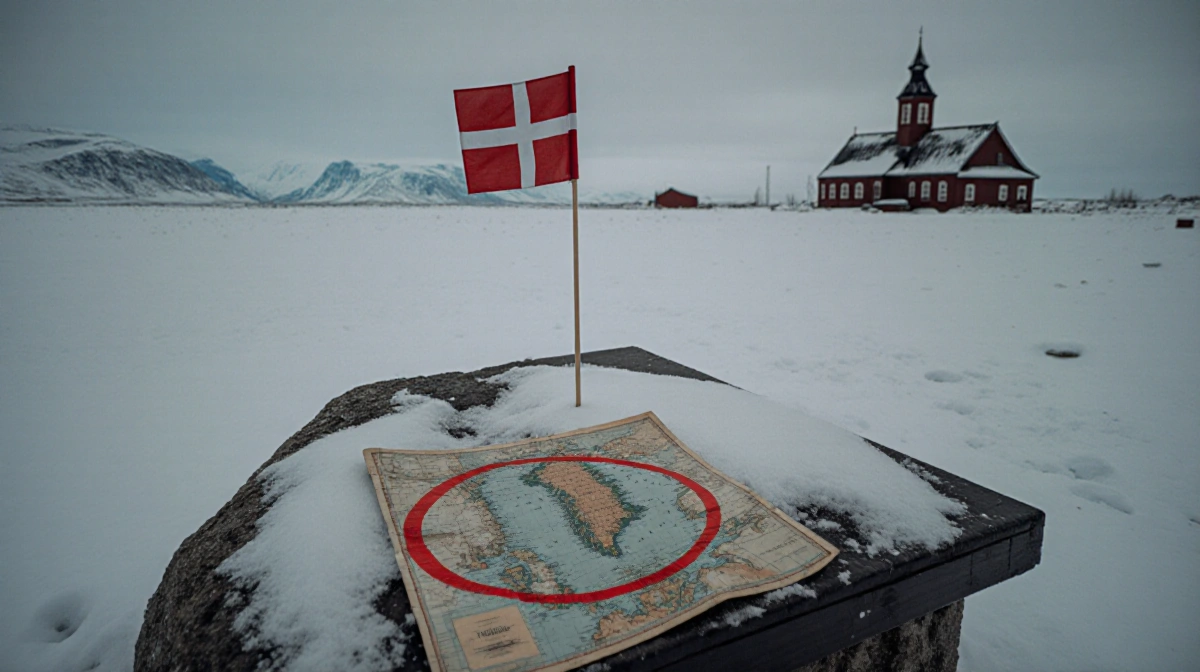 Danish flag stands in snowy Greenland landscape with weathered map showing circled territory and distant coastline