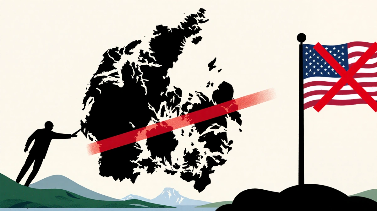 Red line encircling Denmark map with a shadowy figure attempting to breach border and a crossed American flag in foreground