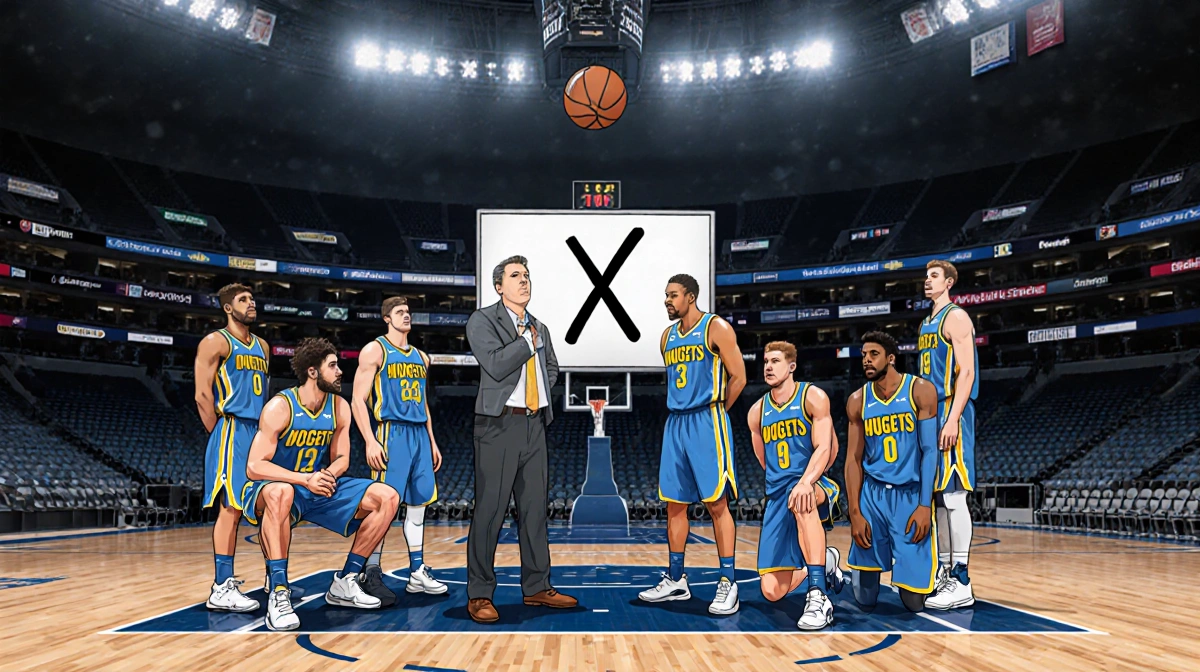 Denver Nuggets players gather with coach in Toronto skyline and X marking Jokic on whiteboard.