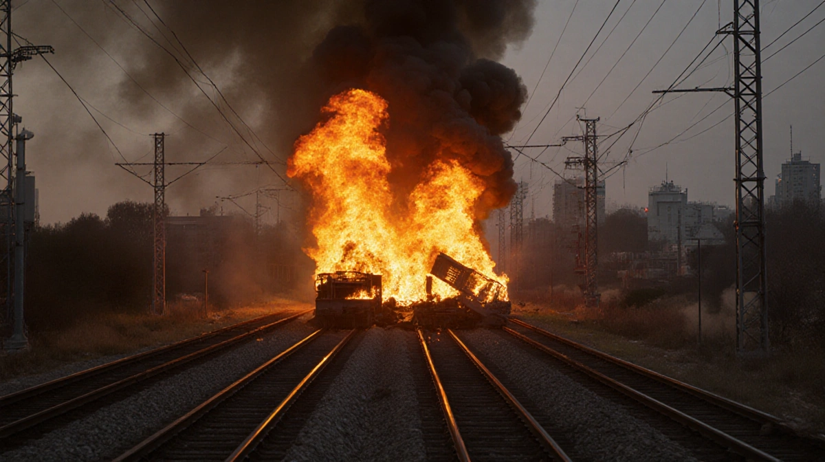 Train derailing and catching fire with flames and smoke rising from wreckage