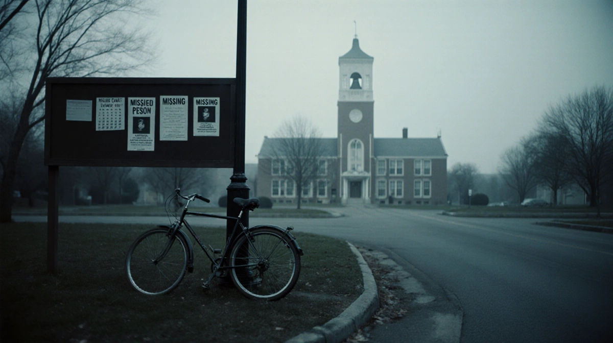 A lone bicycle leans against a lamppost with a deflated tire near an empty street and distant bell tower