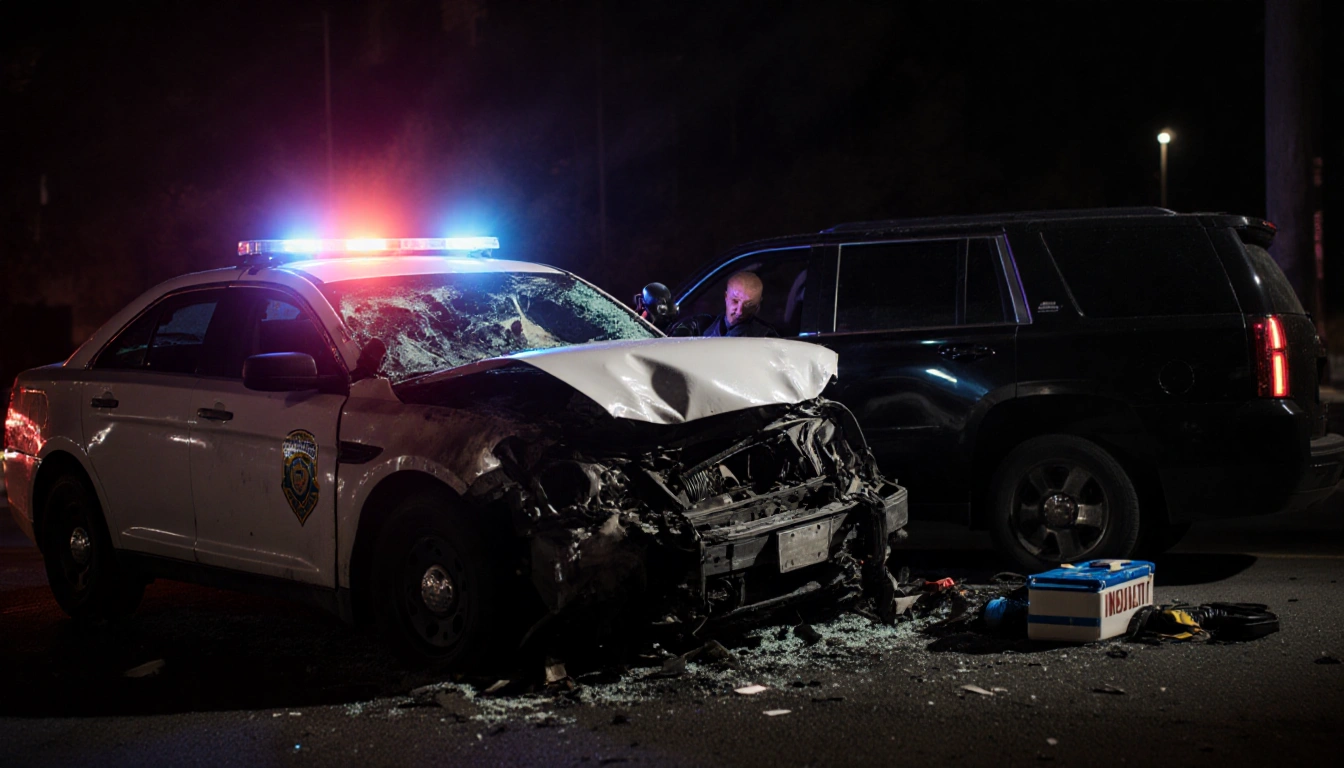 Police officer slumped over steering wheel with damaged patrol car crumpled against parked vehicle in darkened street.