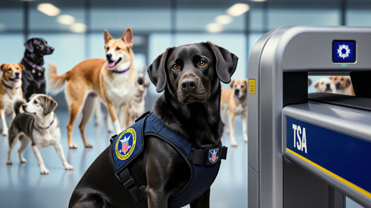Detection dog in TSA vest standing beside metallic airport scanner with confident head turn and blurred background of dogs
