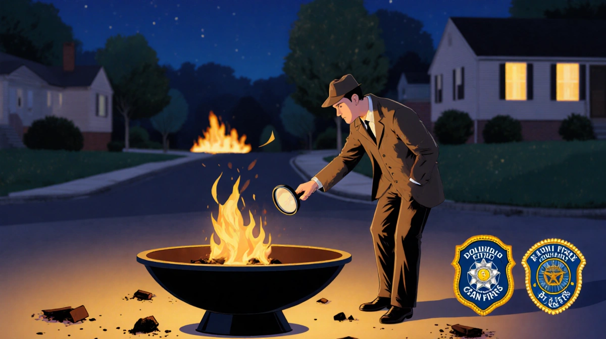 Detective examines a firepit with a magnifying glass and golden light amid a nighttime suburban street.