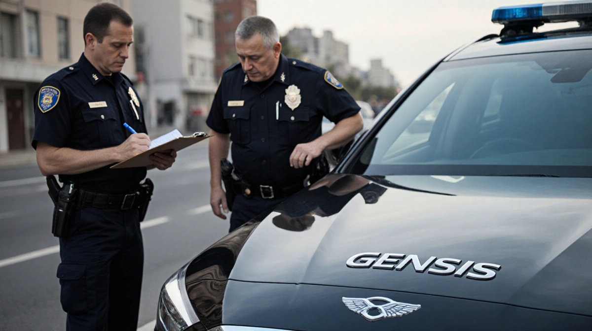 Detective examines Genesis car interior with partner taking notes on clipboard