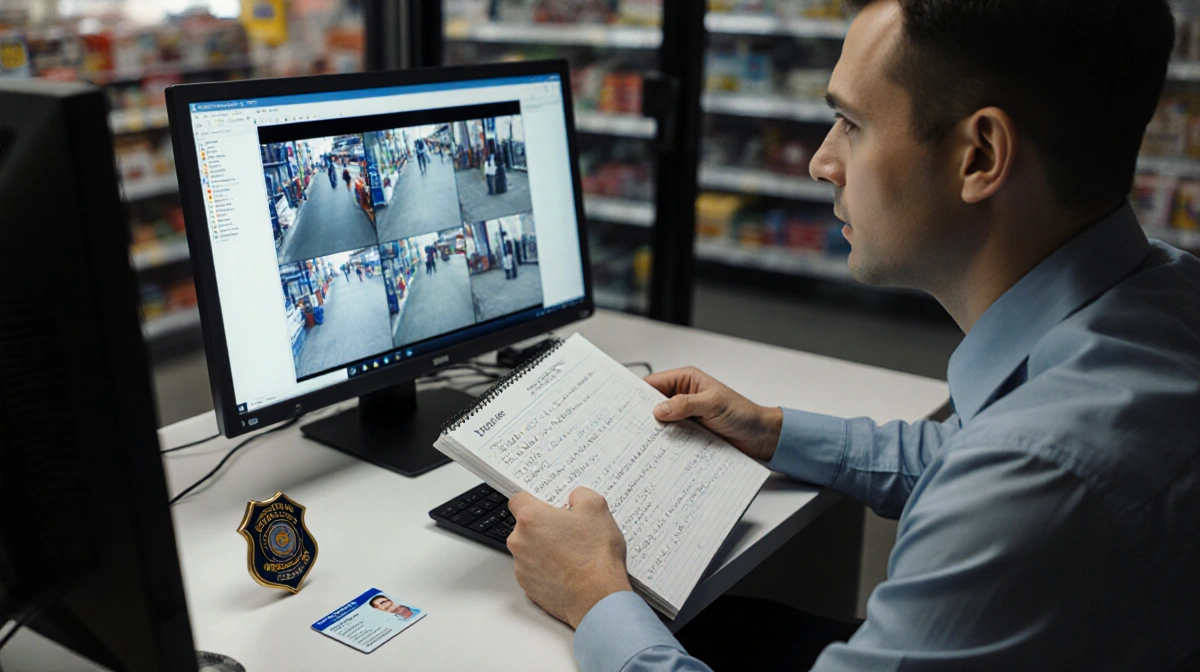 Detective reviewing witness statements in notebook with computer showing footage review software and police badge nearby