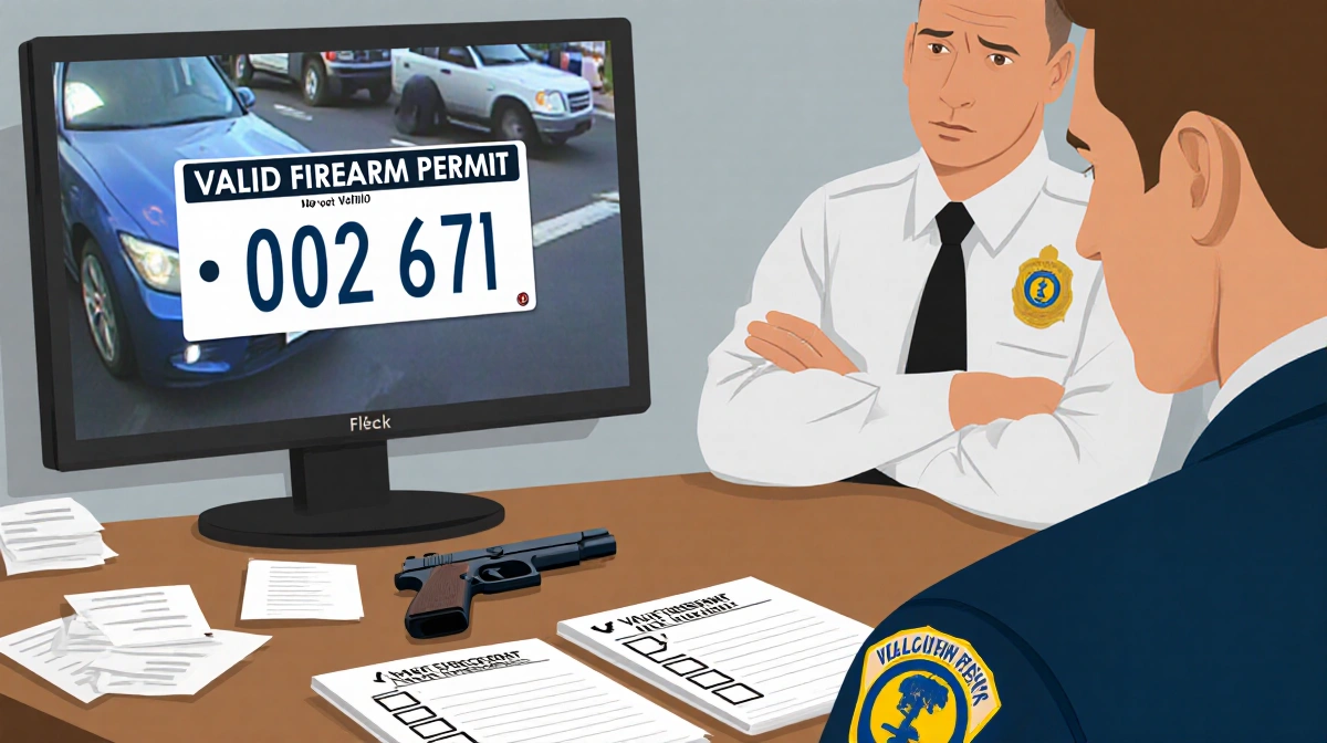 Detective questioning suspect Fleck with surveillance monitor showing license plate and firearm permit marked not valid on de