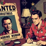 Wanted poster displays arrested man in Christmas pajamas with magnifying glass near gritty crime scene in detective