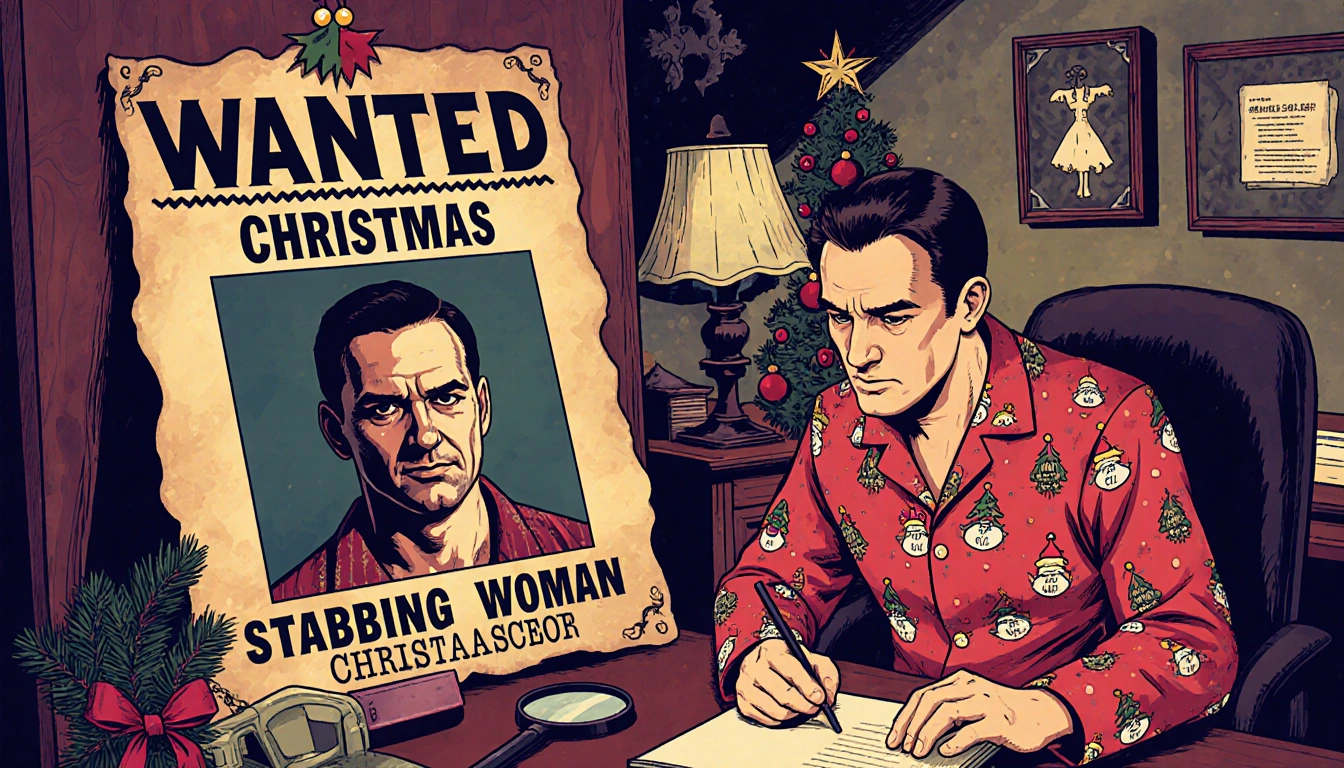 Wanted poster displays arrested man in Christmas pajamas with magnifying glass near gritty crime scene in detective