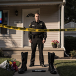 Detective standing with yellow police tape and police boots near suburban home, reflecting a somber mood.