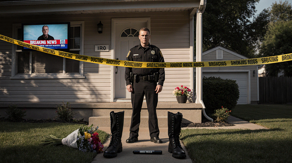 Detective standing with yellow police tape and police boots near suburban home, reflecting a somber mood.