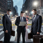 Detectives examine evidence laptops as Philadelphia city view and police lights illuminate faces