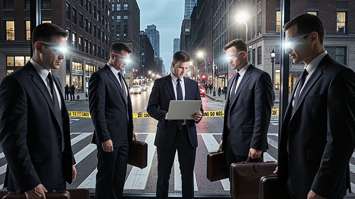 Detectives examine evidence laptops as Philadelphia city view and police lights illuminate faces