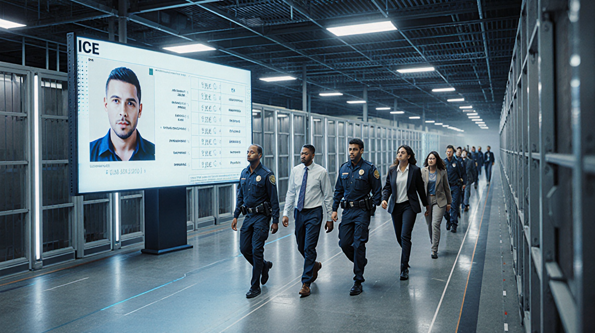 Escorted migrants moving through a sprawling detention center with surveillance screens and glowing neon lights.