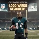 DeVonta Smith standing alone on the Eagles field in golden light with football and scoreboard reading 1,000 YARDS REACHED!