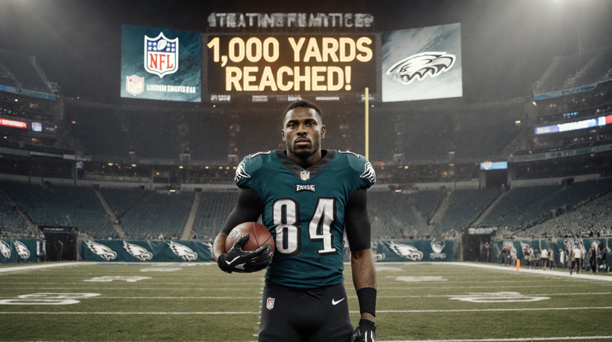 DeVonta Smith standing alone on the Eagles field in golden light with football and scoreboard reading 1,000 YARDS REACHED!