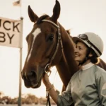 Woman standing proudly with racing helmet and chestnut horse in winner