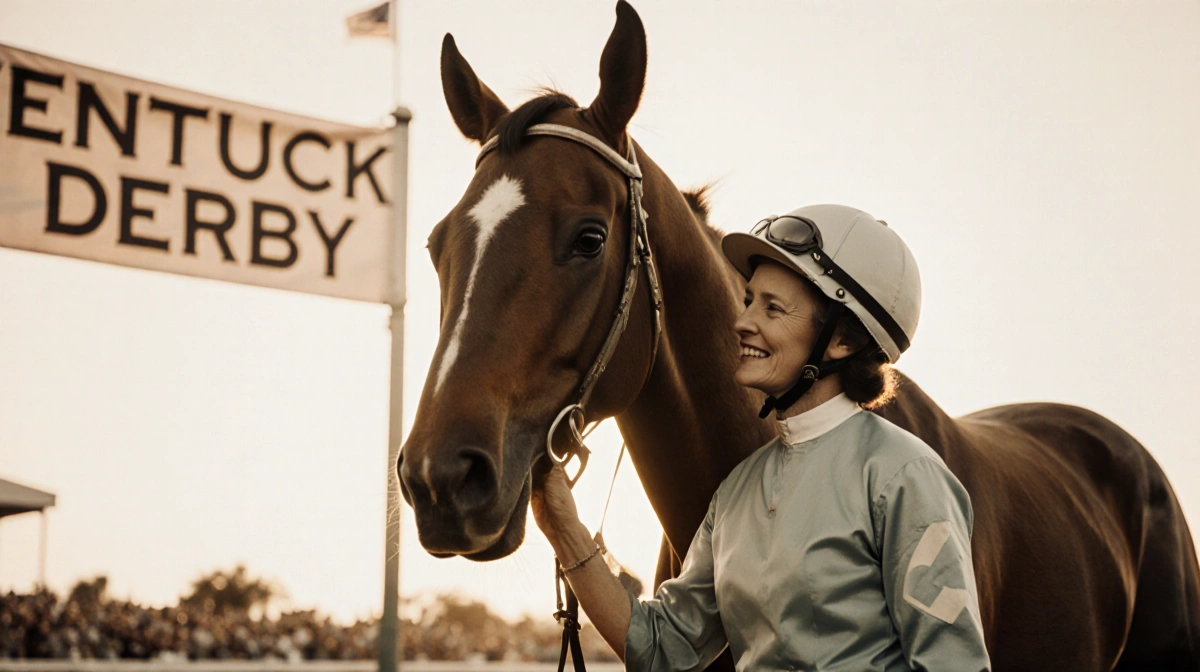 Woman standing proudly with racing helmet and chestnut horse in winner