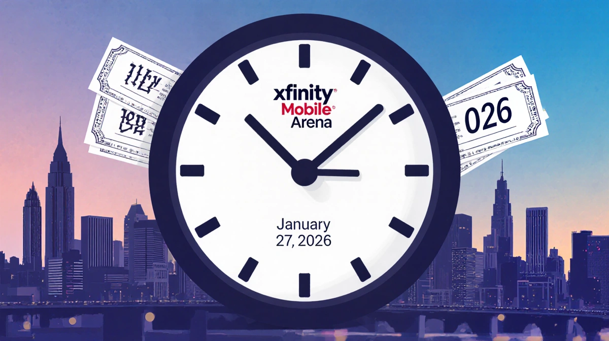 Digital clock striking 9 a.m. with Philadelphia skyline and Xfinity Mobile Arena logo and tickets countdown.