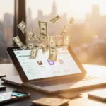 Smartphone screen transferring apps and credit cards to laptop with golden light and money flowing from screens