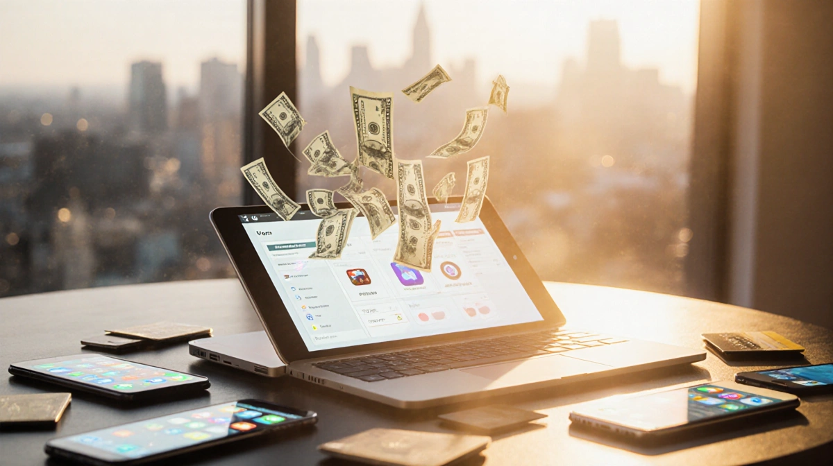 Smartphone screen transferring apps and credit cards to laptop with golden light and money flowing from screens