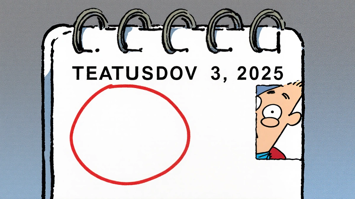 Calendar page highlighting Nov 3 2025 with a red circle and subtle Dilbert comic figure in corner.