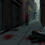 Lone figure slumped against brick wall alleyway looking up with bloodstains visible and red jacket man standing near entrance