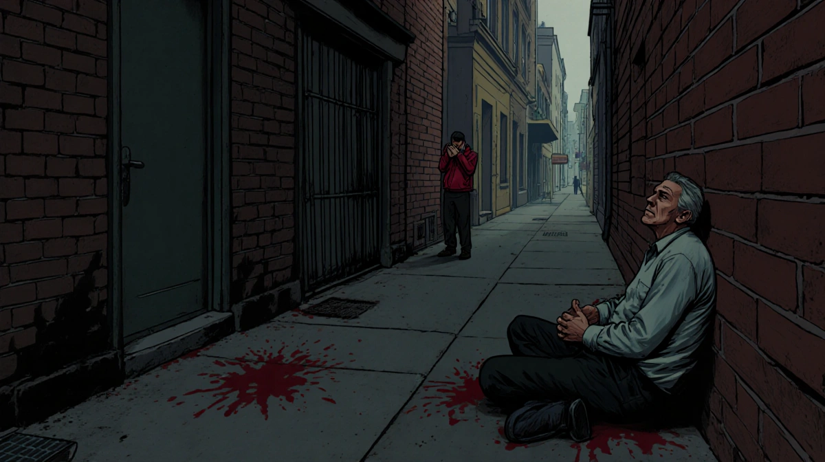 Lone figure slumped against brick wall alleyway looking up with bloodstains visible and red jacket man standing near entrance