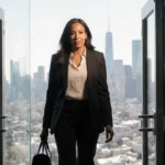 Dina Powell McCormick walking confidently through Meta headquarters with San Francisco skyline visible and executive figure i