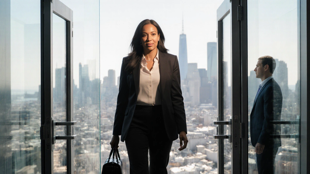 Dina Powell McCormick walking confidently through Meta headquarters with San Francisco skyline visible and executive figure i