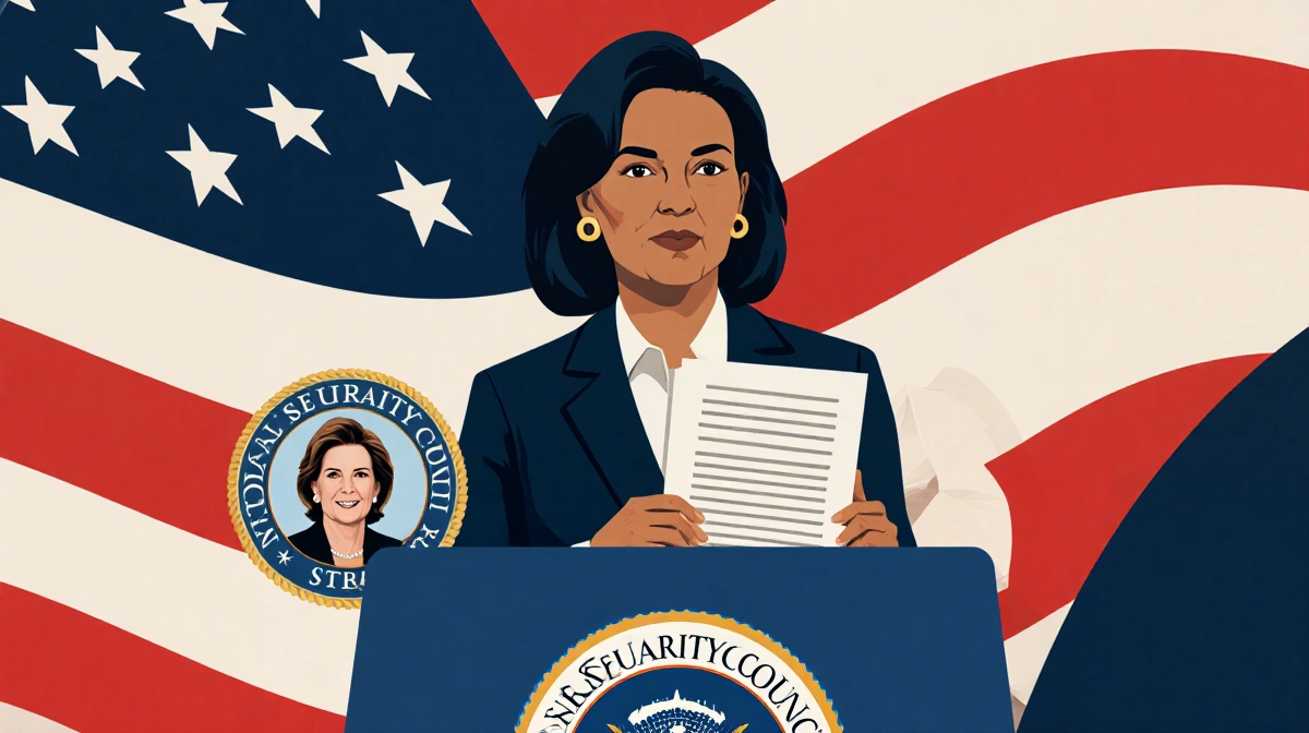 Dina Powell McCormick speaking at podium with American flag and National Security Council documents