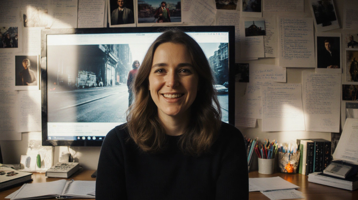 Director Martina Radwan speaking into camera near a monitor showing Stranger Things footage with cluttered production notes