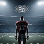 Disappointed football player stands alone on dark field with 49ers logo visible and stadium lights casting shadows