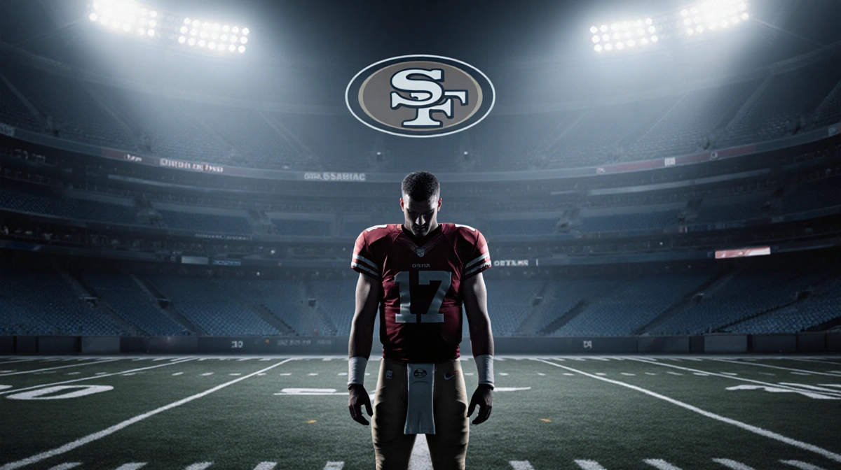 Disappointed football player stands alone on dark field with 49ers logo visible and stadium lights casting shadows