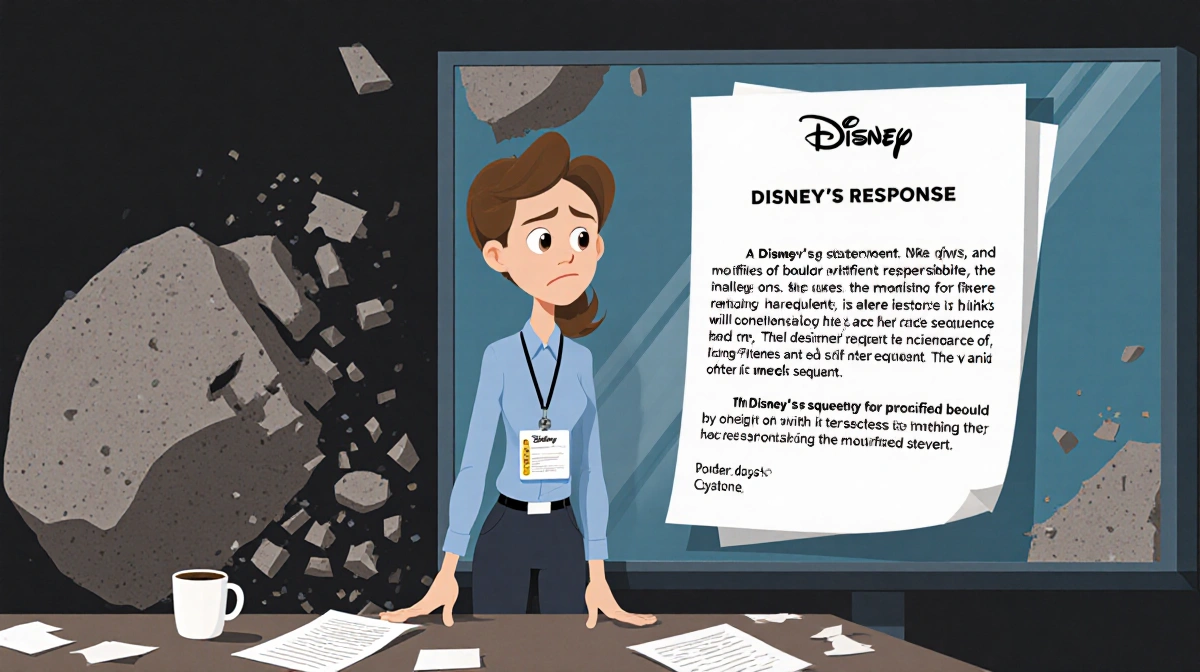 Disney employee standing in front of computer screen with Disney logo and chaotic desk of papers and coffee cups.