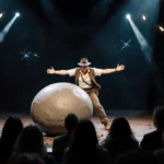 Disney cast member wearing Indiana Jones gear shielding audience from massive rubber boulder with strobe lights on dim stage