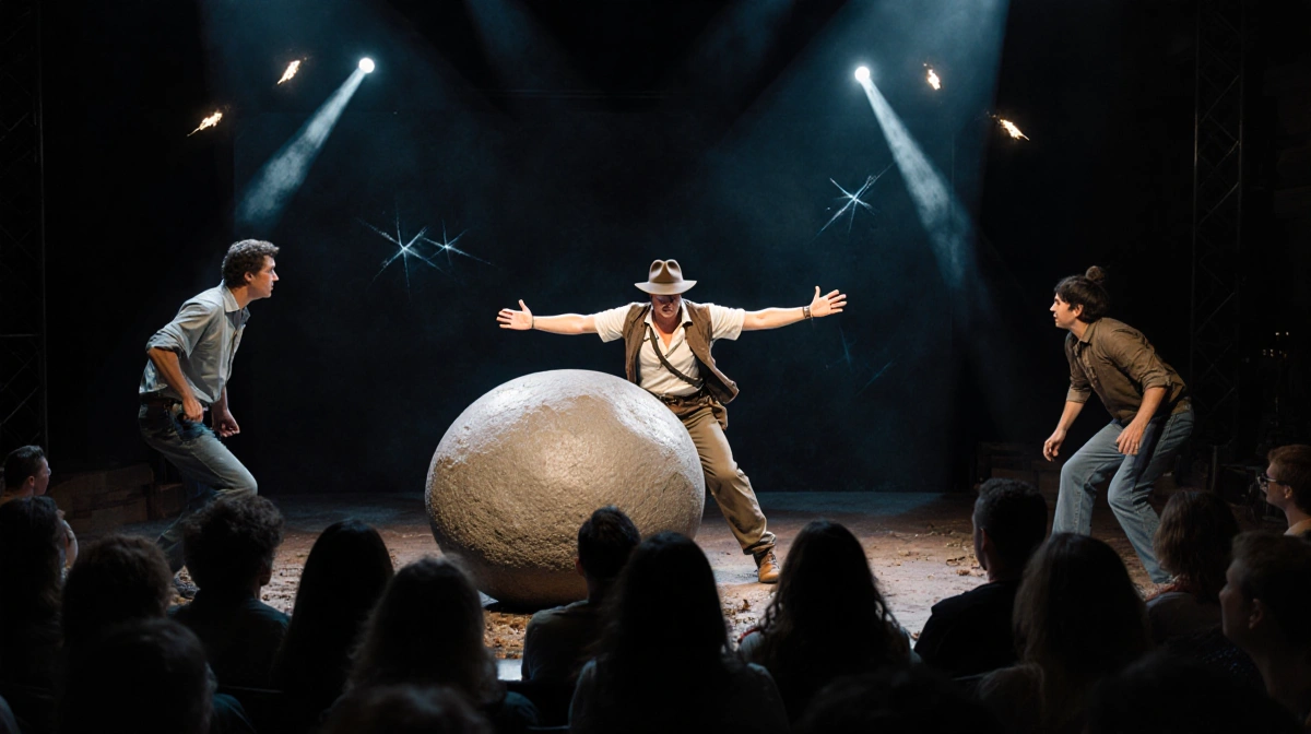 Disney cast member wearing Indiana Jones gear shielding audience from massive rubber boulder with strobe lights on dim stage