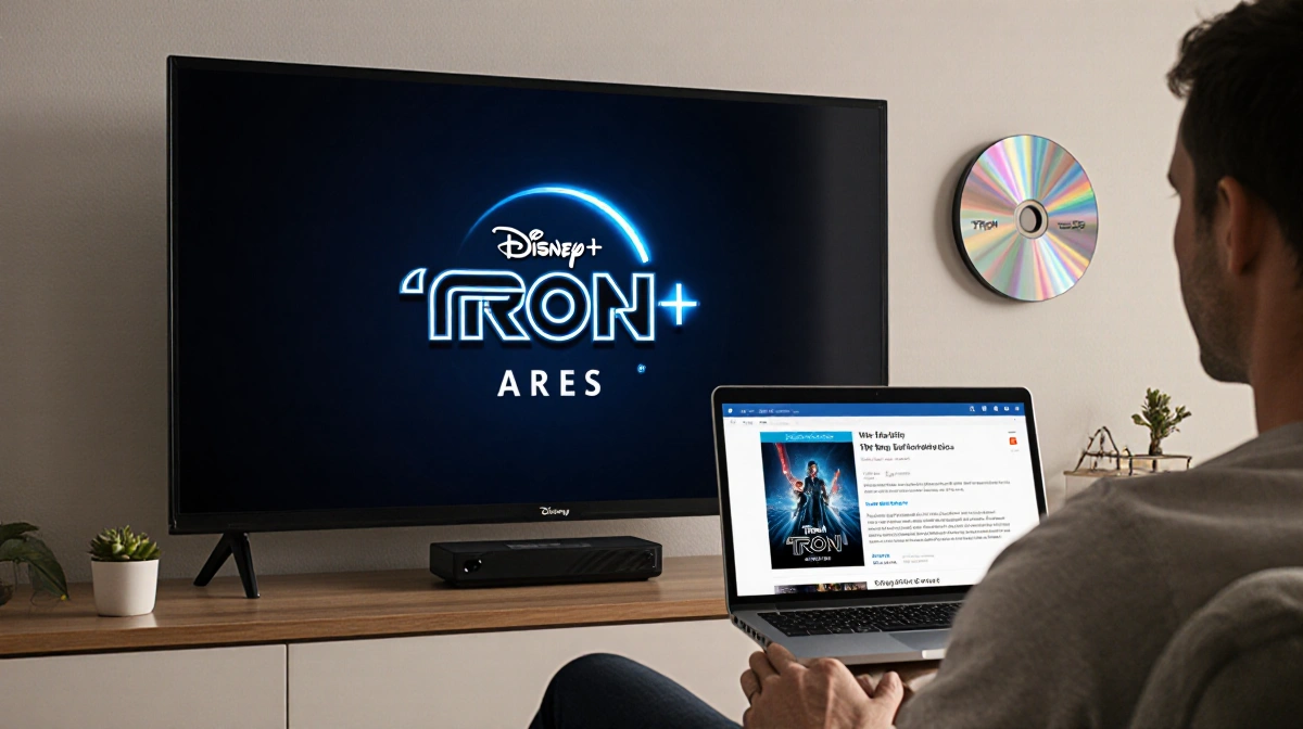 Television screen displaying Disney+ logo with a blurred laptop showing Tron: Ares title in a cozy home theater setting.