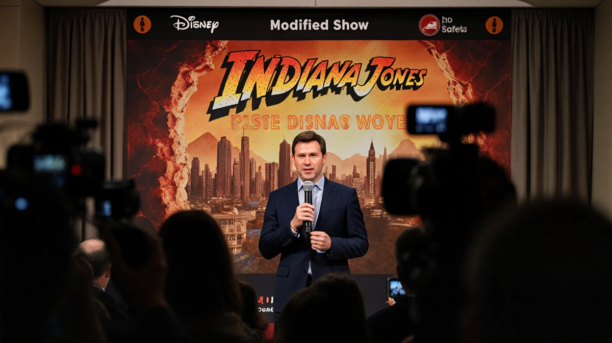 Disney spokesperson addressing reporters with microphone and a safety banner in a press room