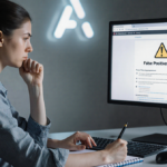 Student Brittany Carr sits before a computer screen with a false AI flag and holds a pen and notebook with shaking hands.