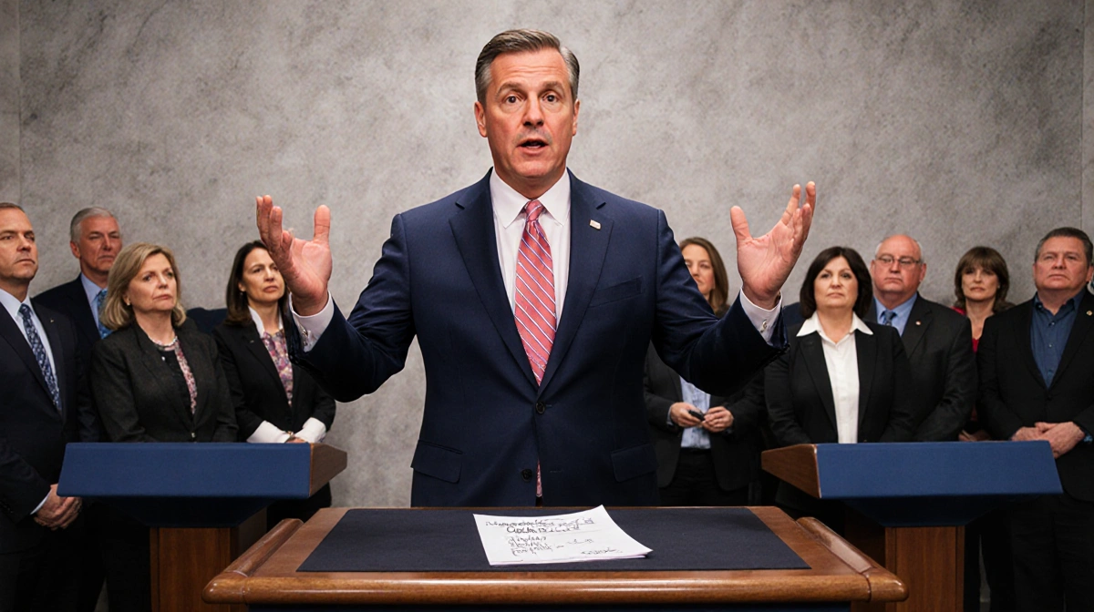 District Attorney Sean Teare speaking to reporters with podium notes and a crowded press conference background