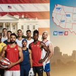 Diverse athletes standing together with American flag and North America map showing major sporting events