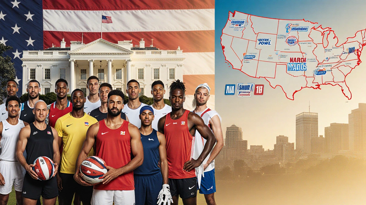 Diverse athletes standing together with American flag and North America map showing major sporting events