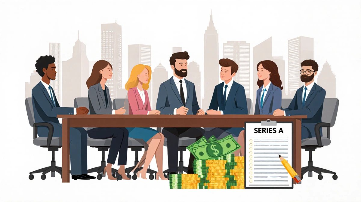 Diverse investors gather around conference table with empty chairs and financial ledger showing $10 million Series A funding