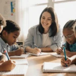 Elementary students practicing cursive writing at desk with teacher guiding and notebooks open