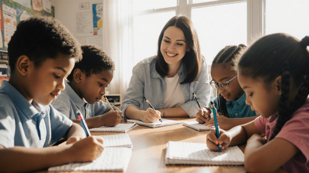 Elementary students practicing cursive writing at desk with teacher guiding and notebooks open