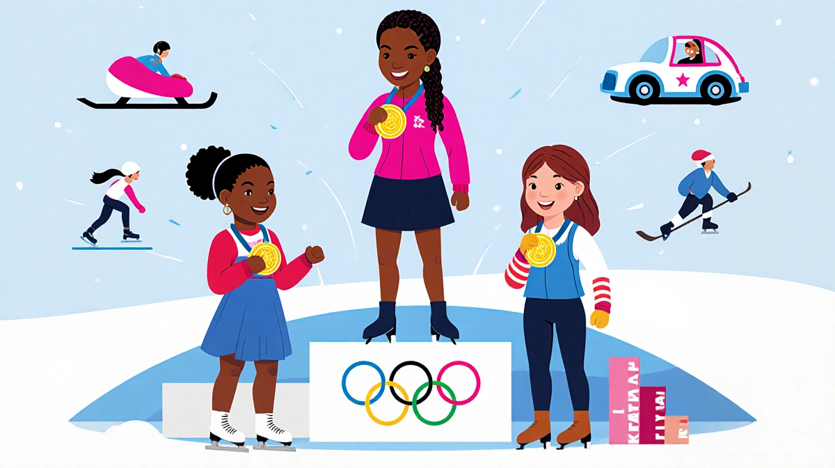 Four Winter Olympic athletes celebrate with stacked medals and sport symbols showing speedskating hockey figure skating and m