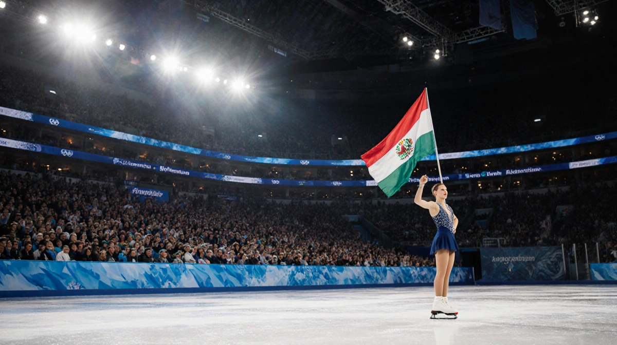 Figure skater stands on ice with national flag waving behind and excited crowd watching